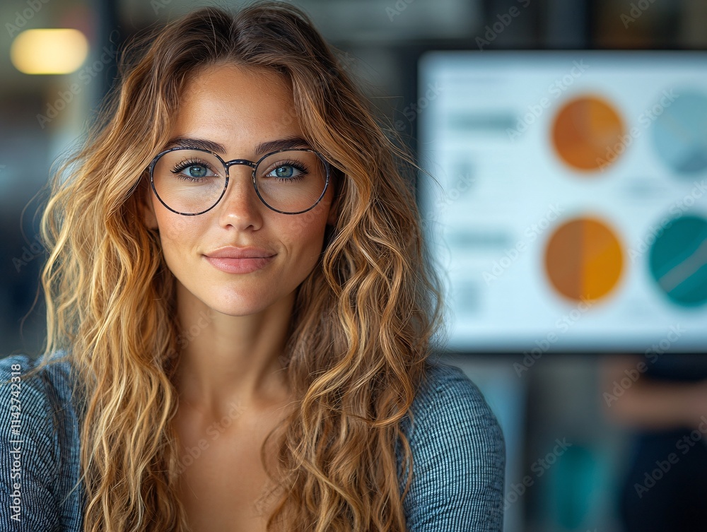 Confident woman with wavy hair standing with arms crossed in front of a large presentation screen displaying colorful graphs, charts, and data. Professional, focused, and poised in a modern workplace Confident woman with wavy hair standing with arms crossed in front of a large presentation screen displaying colorful graphs, charts, and data. Professional, focused, and poised in a modern workplace