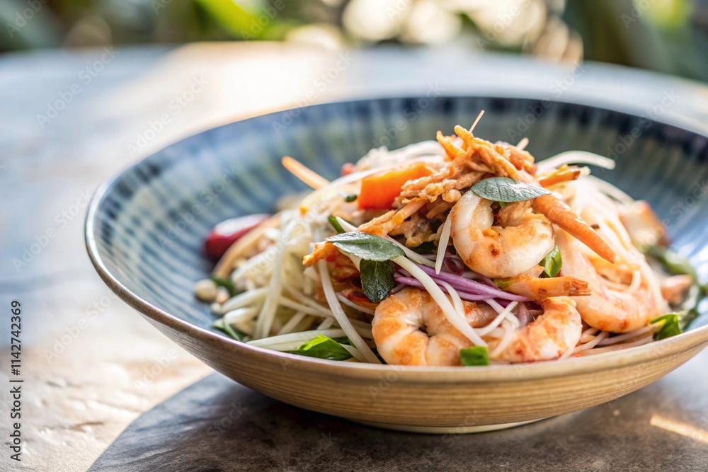 Papaya Salad with a shallow depth of field, showcasing a delicate balance of fresh ingredients, including crispy shrimp Papaya Salad with a shallow depth of field, showcasing a delicate balance of fresh ingredients, including crispy shrimp