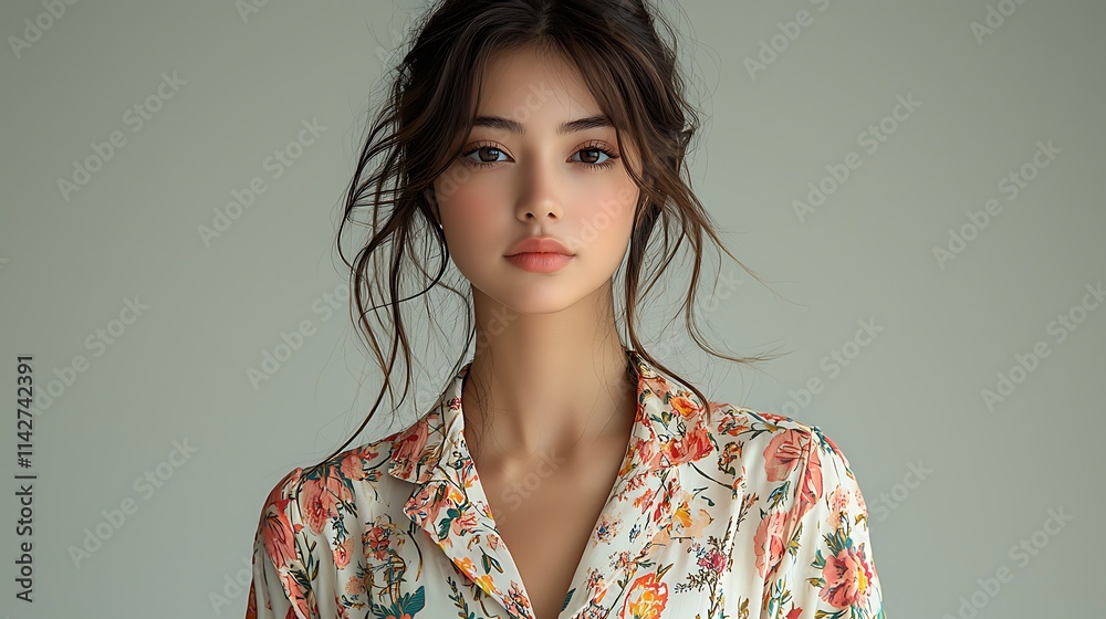 A standing Thai beauty, wearing pajamas with fashion patterns, long sleeves, pants. His style of facing the camera is clean and picturesque, with soft lighting and a white background, presenting A standing Thai beauty, wearing pajamas with fashion patterns, long sleeves, pants. His style of facing the camera is clean and picturesque, with soft lighting and a white background, presenting