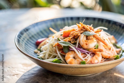 Papaya Salad with a shallow depth of field, showcasing a delicate balance of fresh ingredients, including crispy shrimp