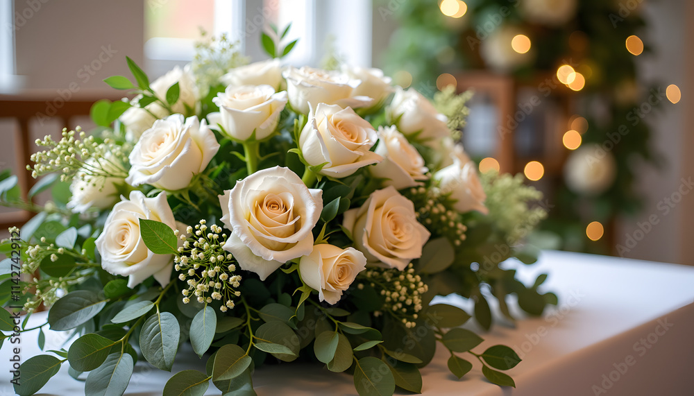 Elegant floral arrangements for a funeral ceremony featuring white roses and greenery Elegant floral arrangements for a funeral ceremony featuring white roses and greenery
