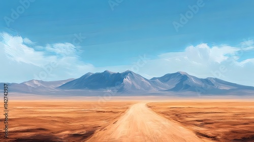 Panoramic view of a desert landscape with a road leading towards majestic mountains under a vibrant blue sky.