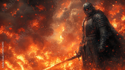 knight in black armor stands amidst fiery inferno, red eyes glowing, sword raised defiantly