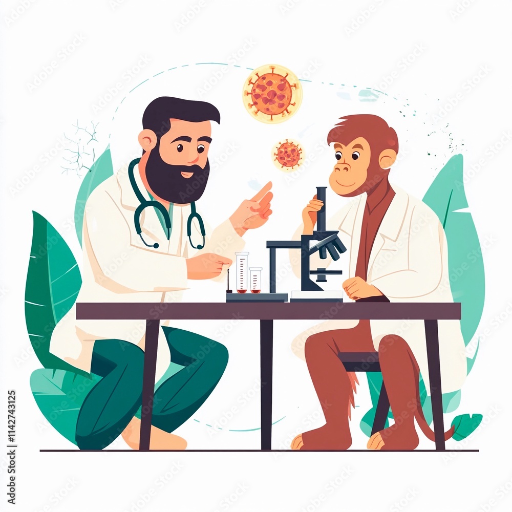 Scientists and primate collaborate in laboratory to explore viral research Scientists and primate collaborate in laboratory to explore viral research