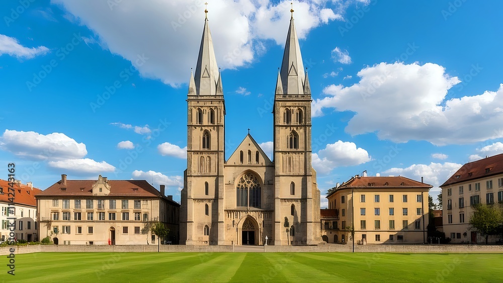 Twin-towered church with manicured lawn, under a bright blue sky. Twin-towered church with manicured lawn, under a bright blue sky.