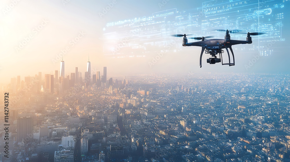 Drone flying over cityscape with digital overlay. Drone flying over cityscape with digital overlay.