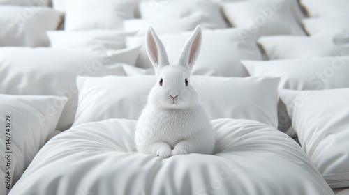 A peaceful white rabbit resting on soft pillows, creating a serene and cozy atmosphere in a bright indoor setting.