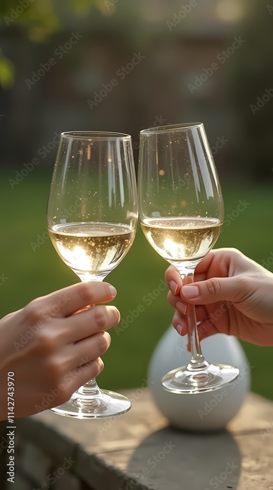 Obraz premium Close-up of two graceful hands, female and male, holding crystal glasses of wine