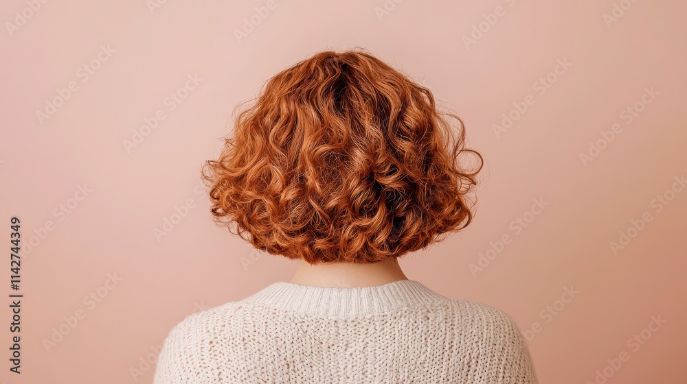 Fototapeta premium A stylish woman with curly hair viewed from the back, showcasing rich hues and a cozy atmosphere in a soft pastel background.