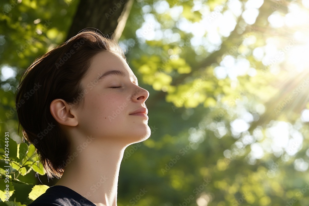 A serene young person enjoying nature and sunlight. A serene young person enjoying nature and sunlight.