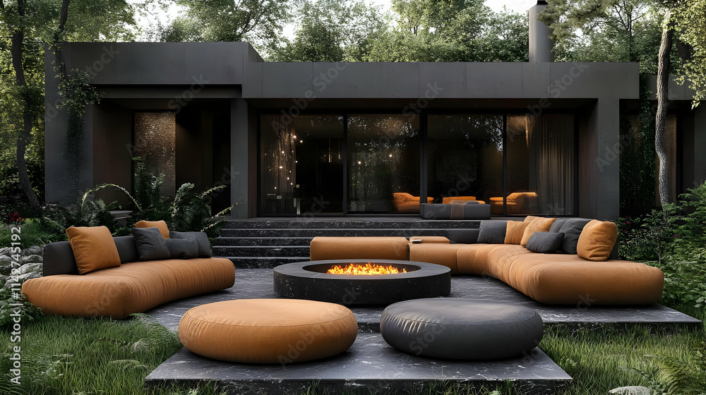 Modern Outdoor Patio 3D Illustration: Serene Backyard Design Modern Outdoor Patio 3D Illustration: Serene Backyard Design
