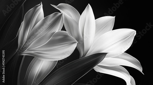 A monochromatic close-up of elegant flower, background with smooth petals and leaves.