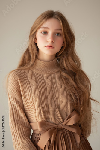 17 year old Caucasian girl with long light brown hair, dressed in a brown mocha toned cable knit sweater and brown mocha pleated skirt in a bright studio with ribbon bow neutral background