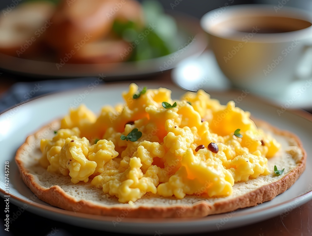 Light breakfast, scrambled eggs, gently fried, a cup of cappuccino Light breakfast, scrambled eggs, gently fried, a cup of cappuccino