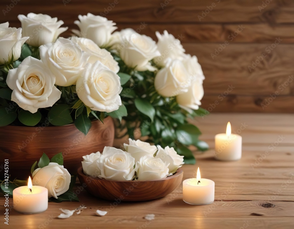 Elegant white roses and tealight candles arrangement on wooden backdrop, floating candles, wedding decor, home interior Elegant white roses and tealight candles arrangement on wooden backdrop, floating candles, wedding decor, home interior