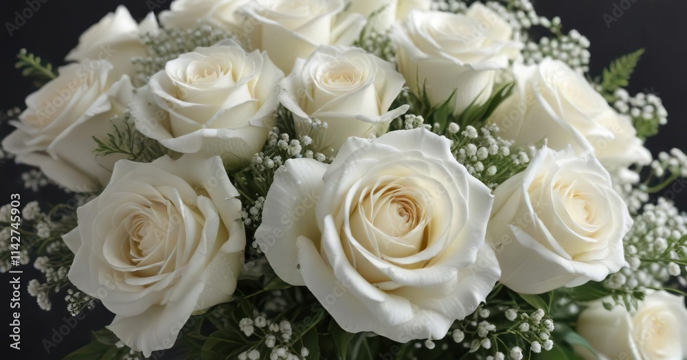 Elegant white roses arranged in a bouquet with baby's breath, wedding, floral, celebration, arrangement, romantic Elegant white roses arranged in a bouquet with baby's breath, wedding, floral, celebration, arrangement, romantic