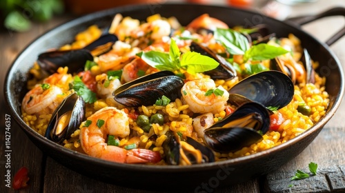 Colorful Paella with Mussels and Shrimp