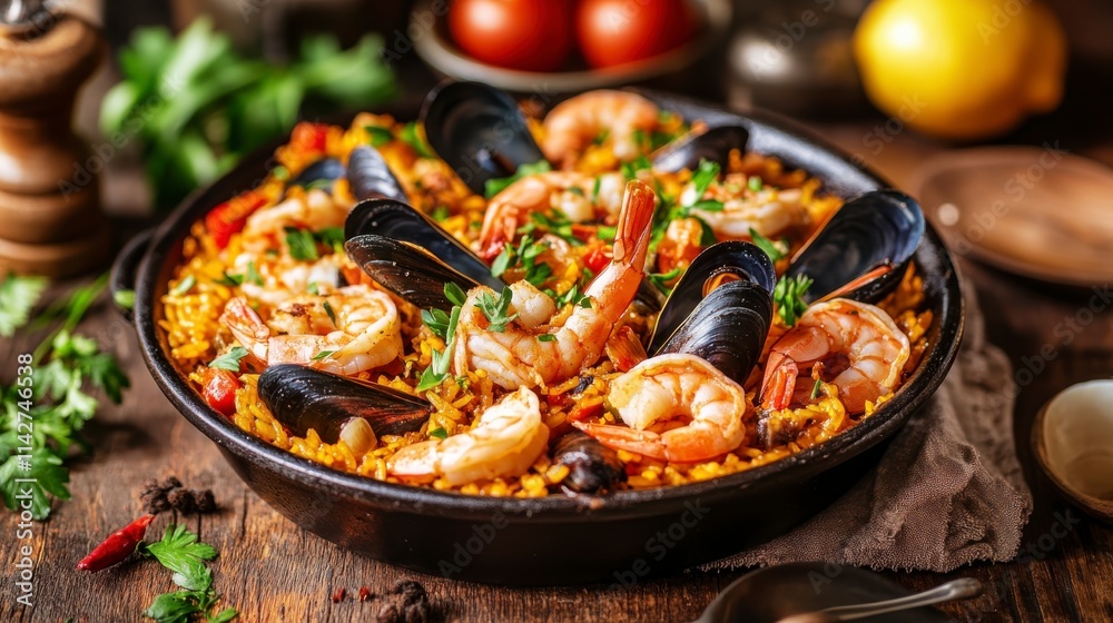 Vibrant Paella with Shrimp and Mussels on Rustic Table Vibrant Paella with Shrimp and Mussels on Rustic Table