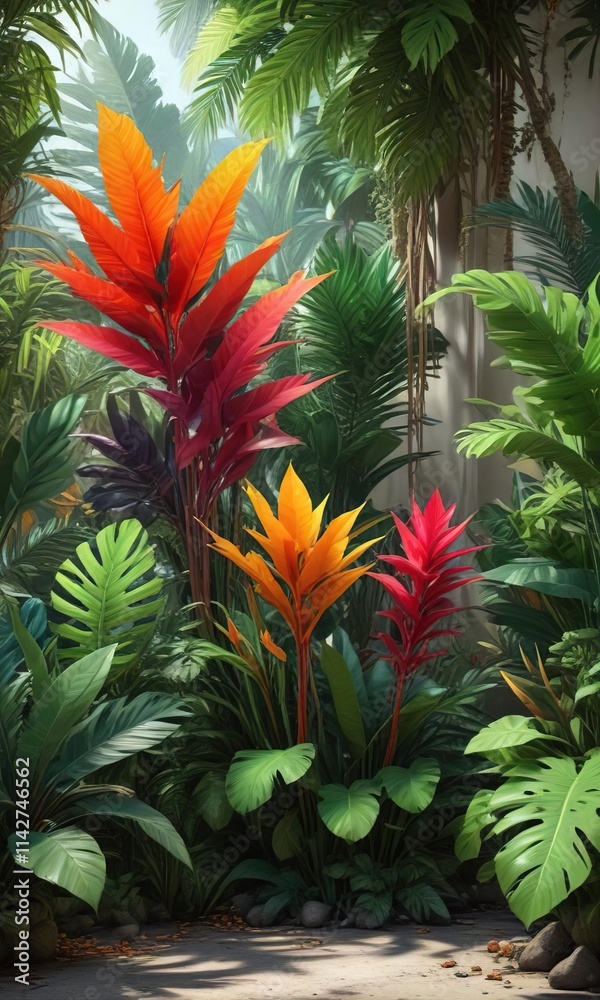 Exotic tropical plants in a vibrant and colorful setting with leaves, lush greenery, tropical flowers, exotic plants Exotic tropical plants in a vibrant and colorful setting with leaves, lush greenery, tropical flowers, exotic plants