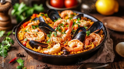 Vibrant Paella with Shrimp and Mussels on Rustic Table