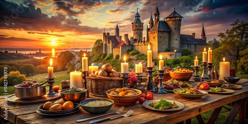 Medieval Feast Castle Background Food Photography: Delicious Dishes & Majestic Scenery photo