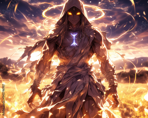 celestial aasimar cleric with golden halo glowing above the field at sunset