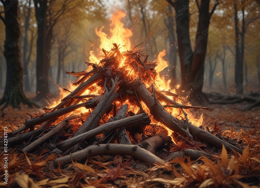 Fiery flames engulfing a pile of dry autumn leaves and twigs in a forest clearing, smoldering embers, flame Fiery flames engulfing a pile of dry autumn leaves and twigs in a forest clearing, smoldering embers, flame