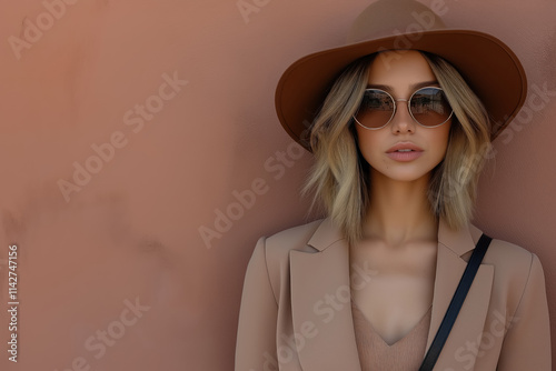 young woman in a mocha blazer and wide brimmed hat with sunglasses leaning against a warm toned wall matching color 