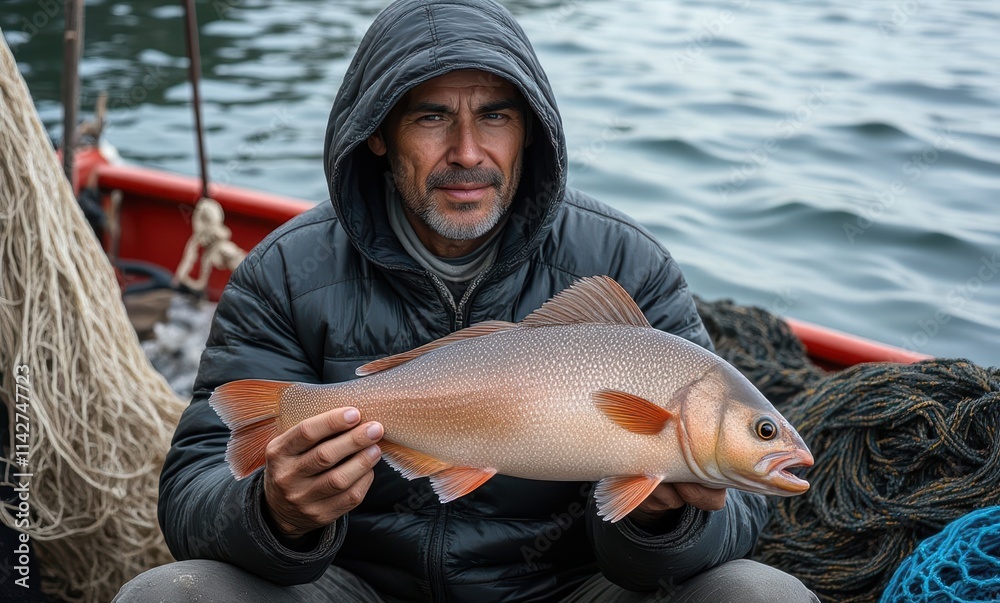 Male fisherman proudly holds a large fish Male fisherman proudly holds a large fish