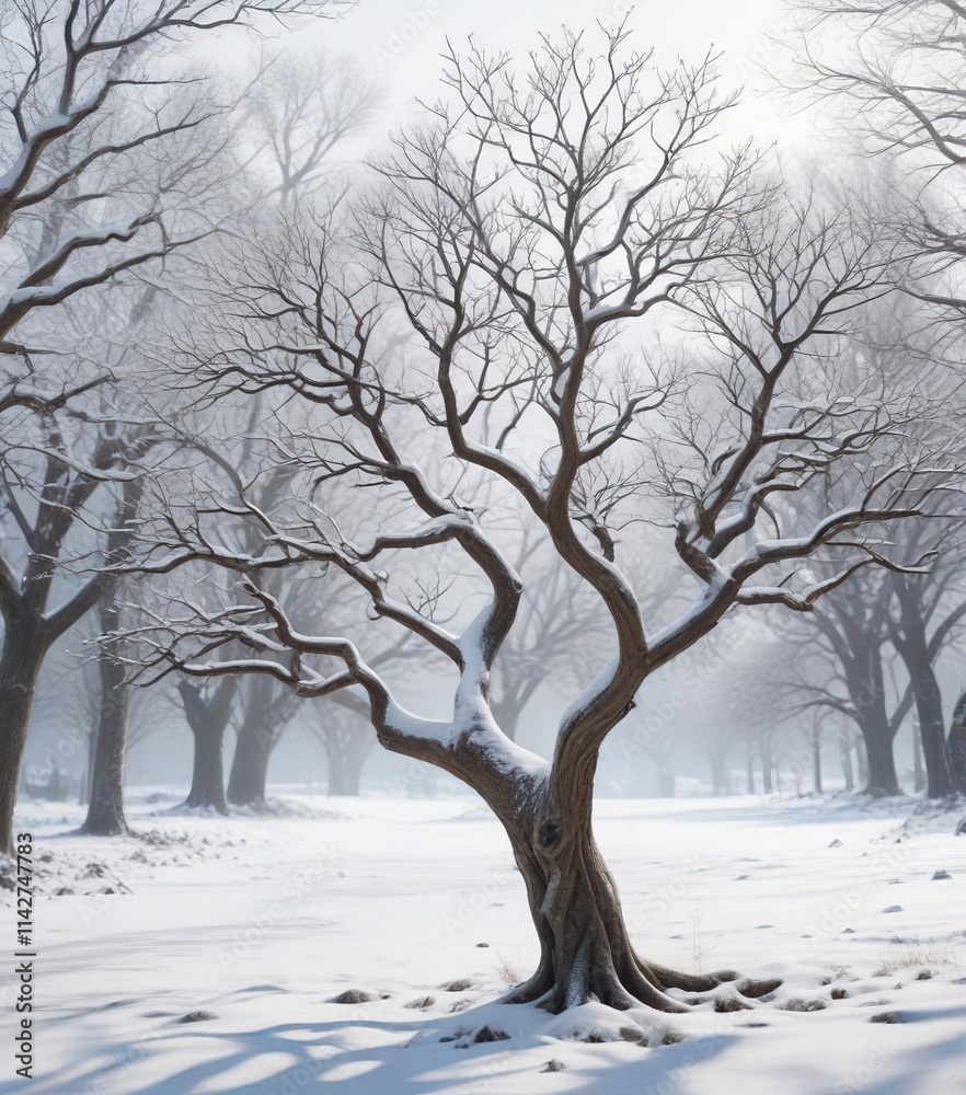 Fresh snow coating the intricate design of a leafless tree's branches in winter, weather, pattern, snow, frost, cold Fresh snow coating the intricate design of a leafless tree's branches in winter, weather, pattern, snow, frost, cold