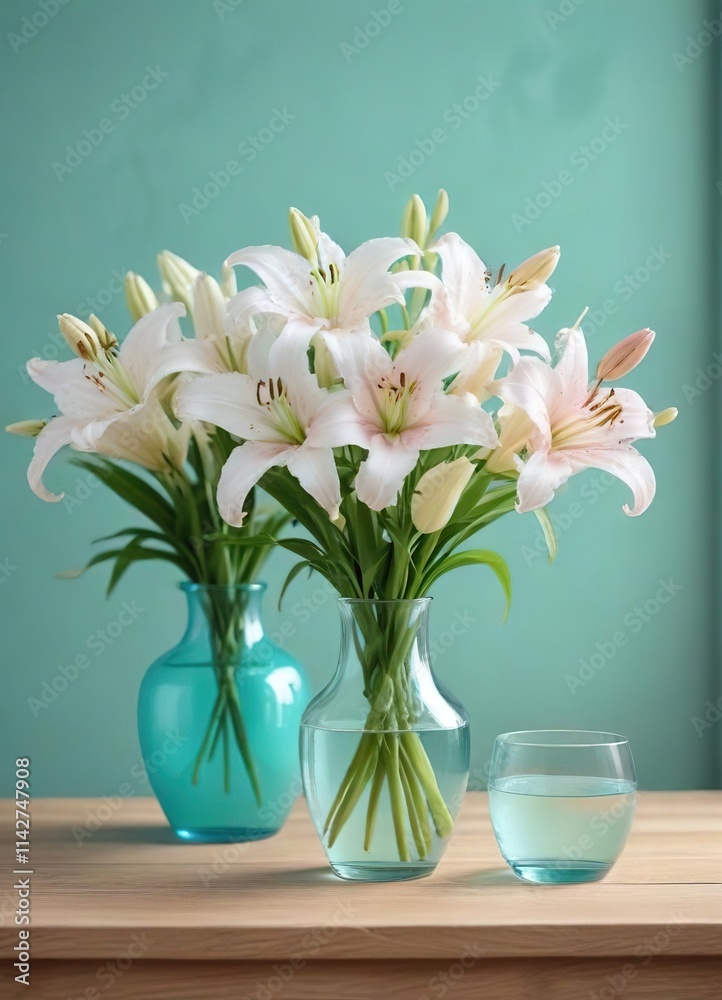 Obraz premium Fresh white lilies and pink lily flowers in glass vases on light wood surface, pastel turquoise wall, pastel, fresh, light wood, turquoise wall