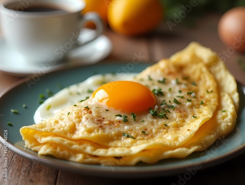 Morning omelette, light breakfast, tender eggs, cup of coffee