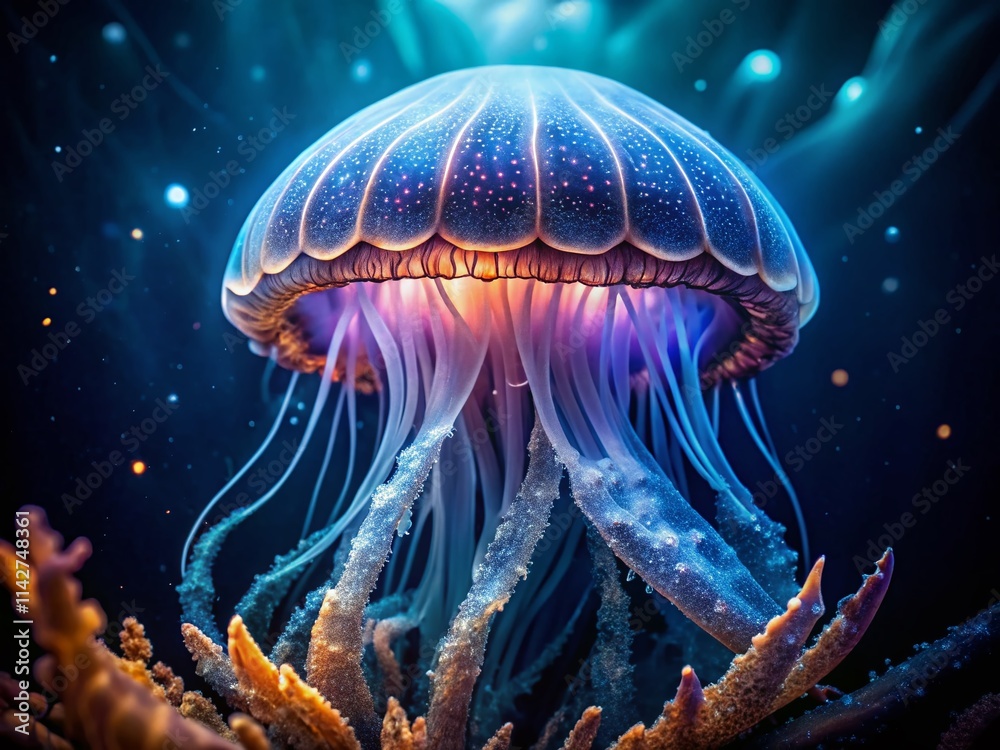 Mesmerizing Jellyfish Head: Low Light Underwater Photography, Bioluminescent Ocean, Deep Sea Creature, Aquatic Life Mesmerizing Jellyfish Head: Low Light Underwater Photography, Bioluminescent Ocean, Deep Sea Creature, Aquatic Life