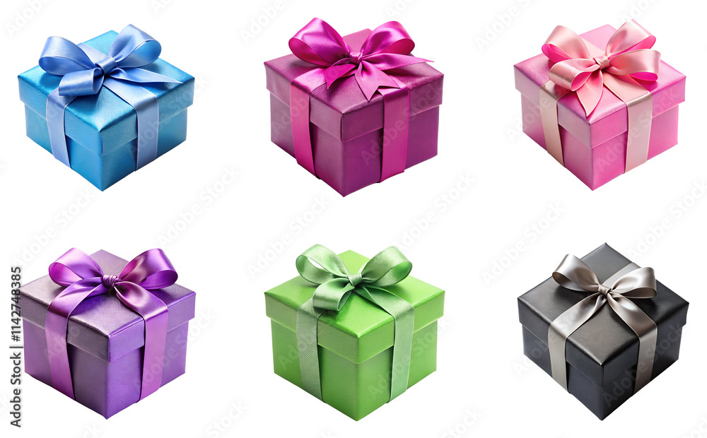 Obraz premium Collection set of colorful gift boxes with bow ribbons isolated on transparent background, Christmas, birthday, anniversary or Valentine's, holiday decor 05