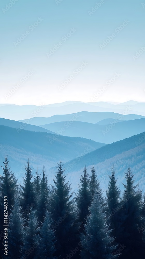 Serene blue mountain range landscape with evergreen trees in foreground. Serene blue mountain range landscape with evergreen trees in foreground.