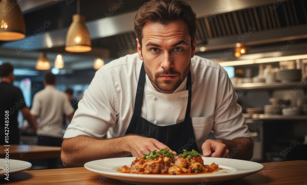 Focused male chef with a dish. Focused male chef with a dish.
