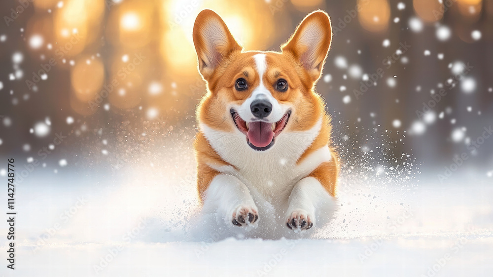cheerful corgi running in snow, kicking up snowflakes with joy. warm sunlight creates magical atmosphere, highlighting dog playful spirit and fluffy fur cheerful corgi running in snow, kicking up snowflakes with joy. warm sunlight creates magical atmosphere, highlighting dog playful spirit and fluffy fur
