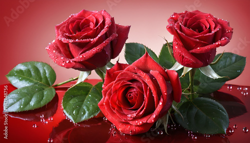 Luxurious Red Roses on Reflective Red Surface in Romantic Setting photo