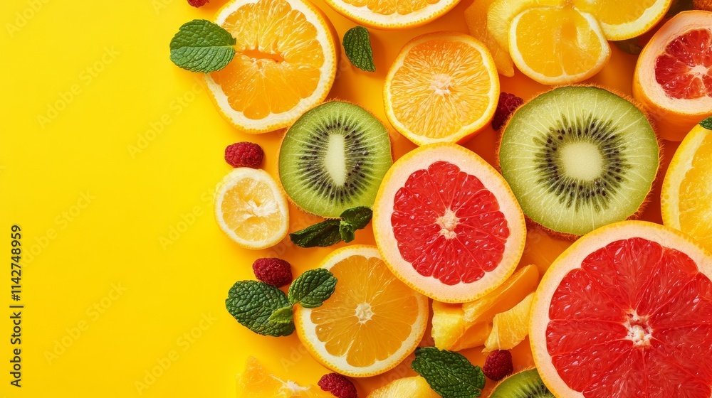 A vibrant arrangement of fresh fruits on a yellow background, showcasing their colors and textures. A vibrant arrangement of fresh fruits on a yellow background, showcasing their colors and textures.