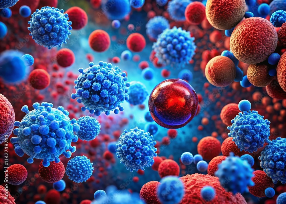 Microscopic Cellular Activity: Red & Blue Blood Cell Visualization - Scientific Imagery Microscopic Cellular Activity: Red & Blue Blood Cell Visualization - Scientific Imagery