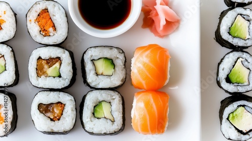 Assorted Sushi Rolls with Soy Sauce and Pickled Ginger