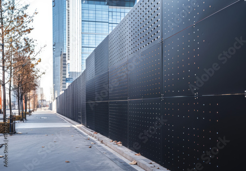 Fototapeta Naklejka Na Ścianę i Meble -  A black, professional-looking vinyl construction fence with small holes for light to pass through on the side of an empty street in front of modern buildings. The long