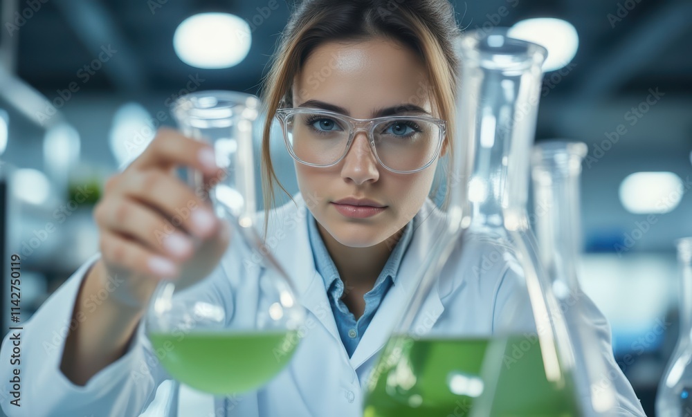Focused woman in lab analyzing samples Focused woman in lab analyzing samples