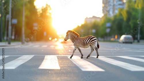 Urban Scene Featuring a Striped Zebra Gracefully Crossing a Busy City Street Surrounded by Modern Architecture and Vibrant City Life Atmosphere