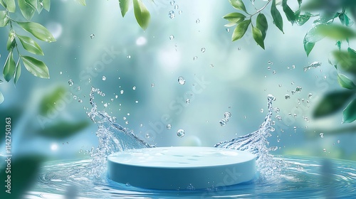 Blue podium in water splash, green leaves background.