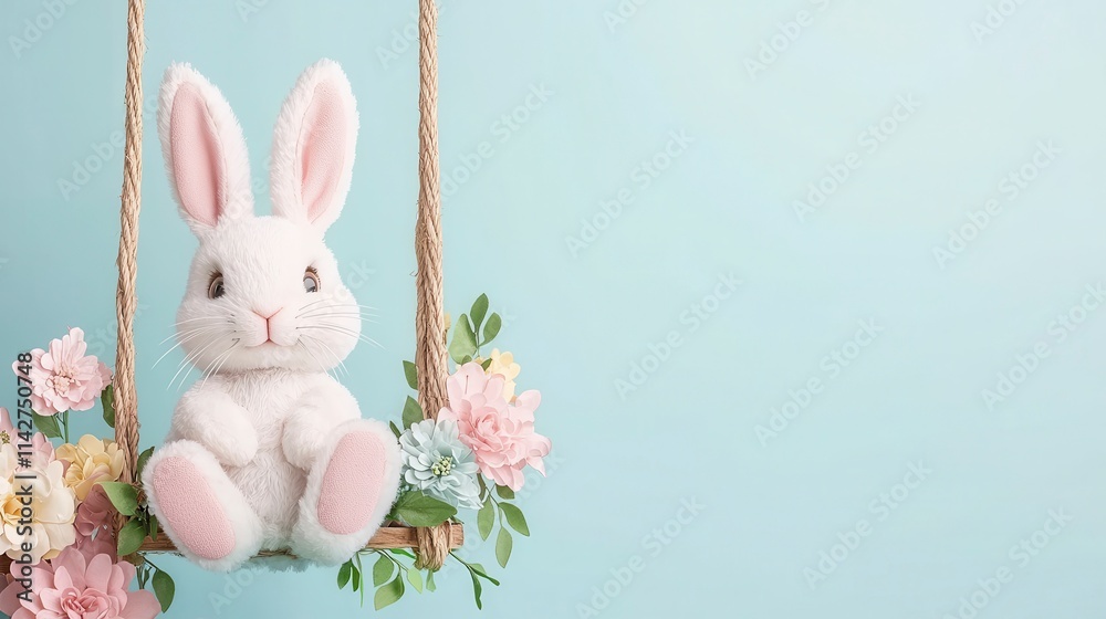 Obraz premium A cute plush bunny sits on a floral swing against a soft blue backdrop, perfect for spring and Easter themes.