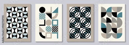 Retro set of geometric vector trendy bauhaus pattern backgrounds set. Vintage posters with 20s geometric design for cover design, poster and interior.
