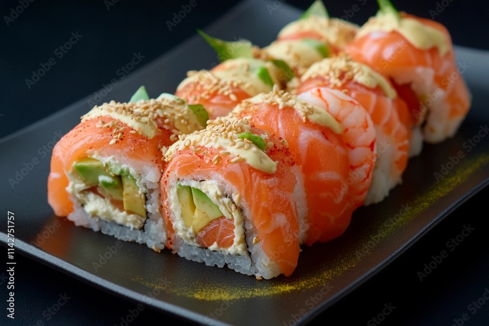 Savory sushi rolls served on an elegant black plate with vibrant garnishes and sauces Savory sushi rolls served on an elegant black plate with vibrant garnishes and sauces