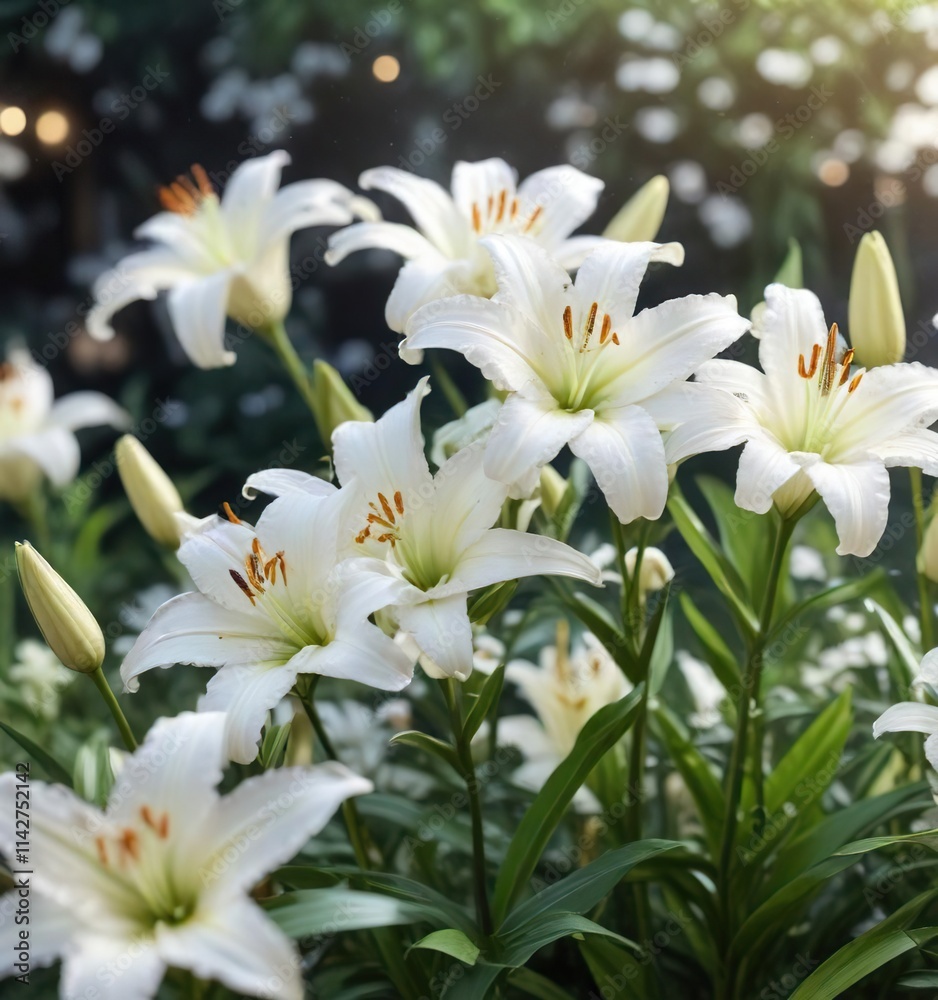Lovely white lilies with a bokeh effect creating a dreamy atmosphere, innocence, floral, peaceful, environment Lovely white lilies with a bokeh effect creating a dreamy atmosphere, innocence, floral, peaceful, environment