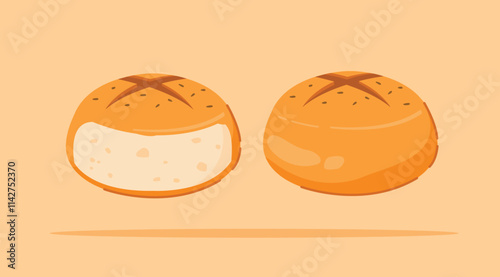 set of pieces of Rolled bread and whole. Homemade round wheat bread, for posters and web icons